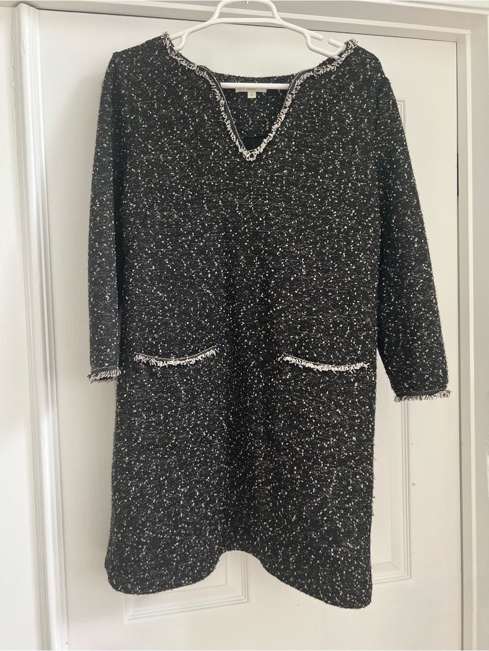 Max Studio Black and White Tweed Fringe-Trim Long Sleeve Dress
